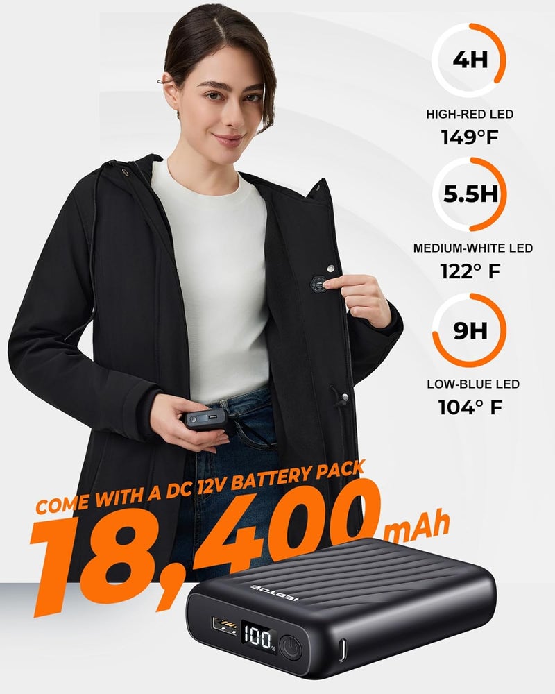 GOTOBI Store Graphene Heated Jackets for Women with 12V 18400mAh Battery Pack, Hood Fleece Lined Windproof Waterproof Coat - Image 4